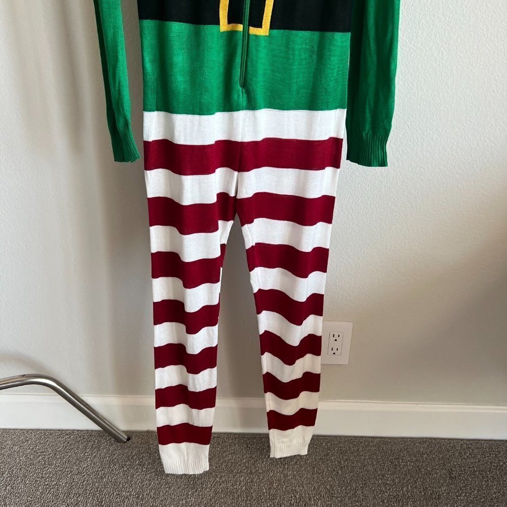 Red & Green Ugly Christmas Holiday Elf Knit Sweater Onesie Jumpsuit - Picture 4 of 6